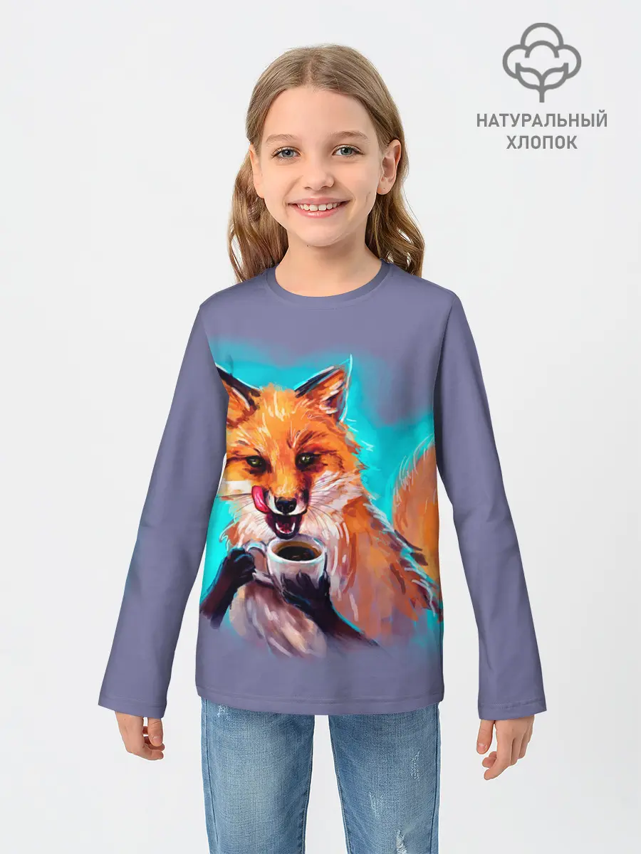 Детский лонгслив / Лиса с кофе