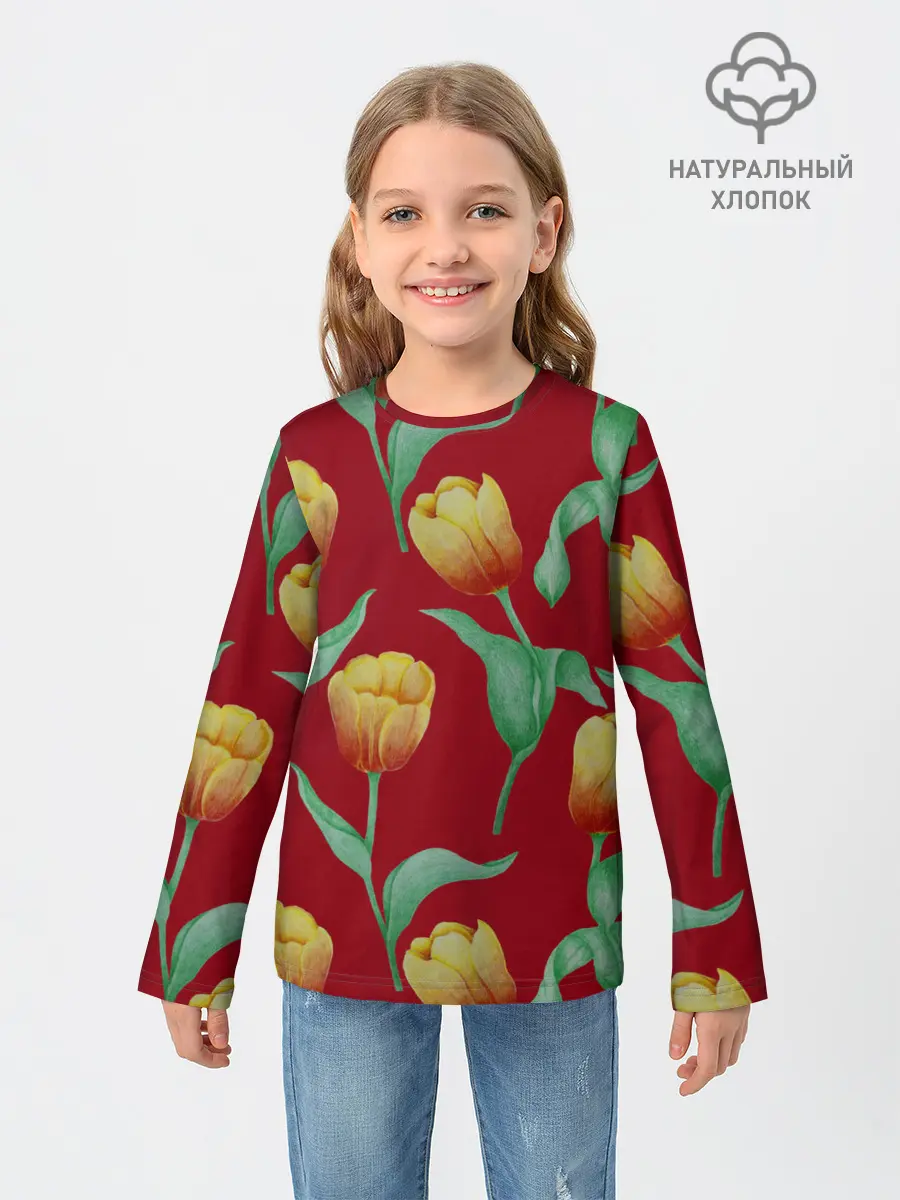 Детский лонгслив / Тюльпаны на красном фоне