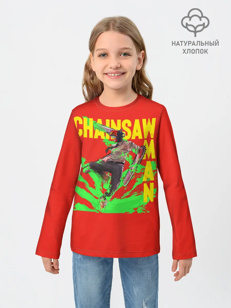 Детский лонгслив / Человек-Бензопила с логотипом на красном