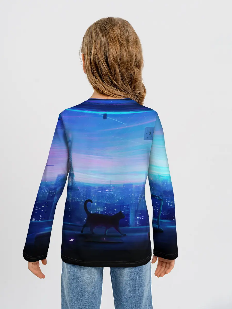 Детский лонгслив / Кошка арт окно