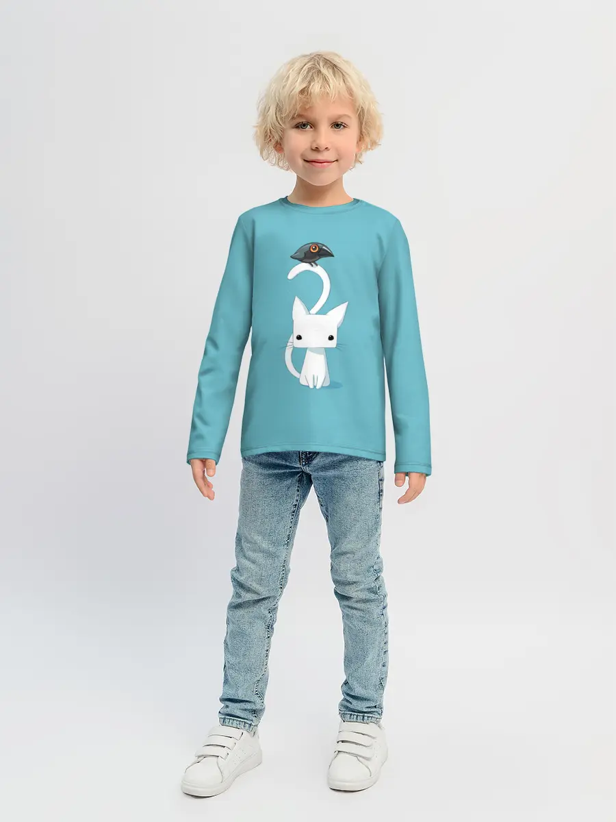 Детский лонгслив / Белый котик и воробушек