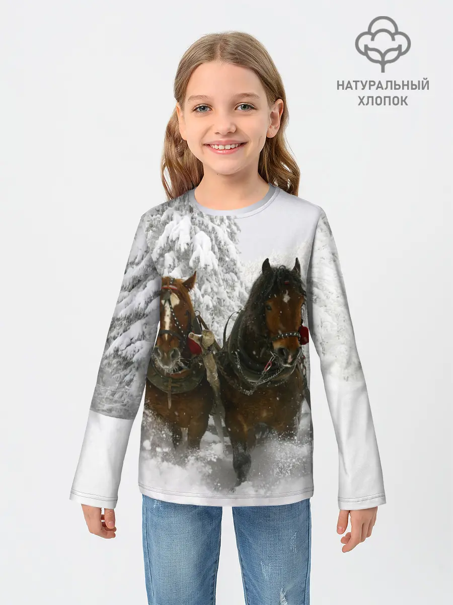 Детский лонгслив / Лошади и снег