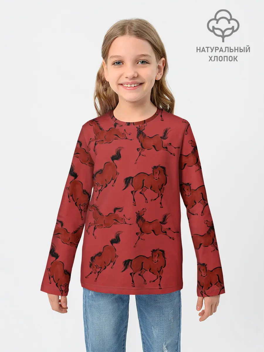 Детский лонгслив / красные кони