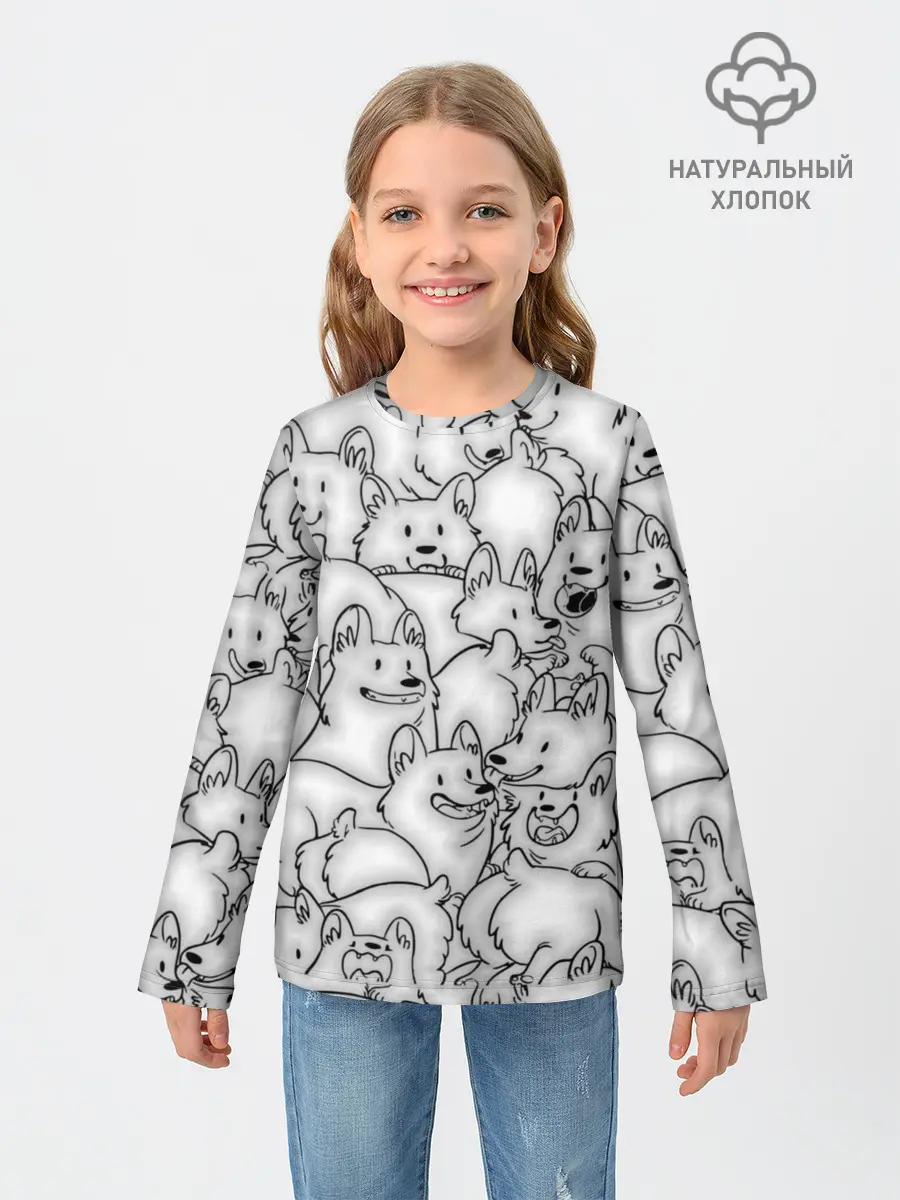 Детский лонгслив / Корги ЧБ