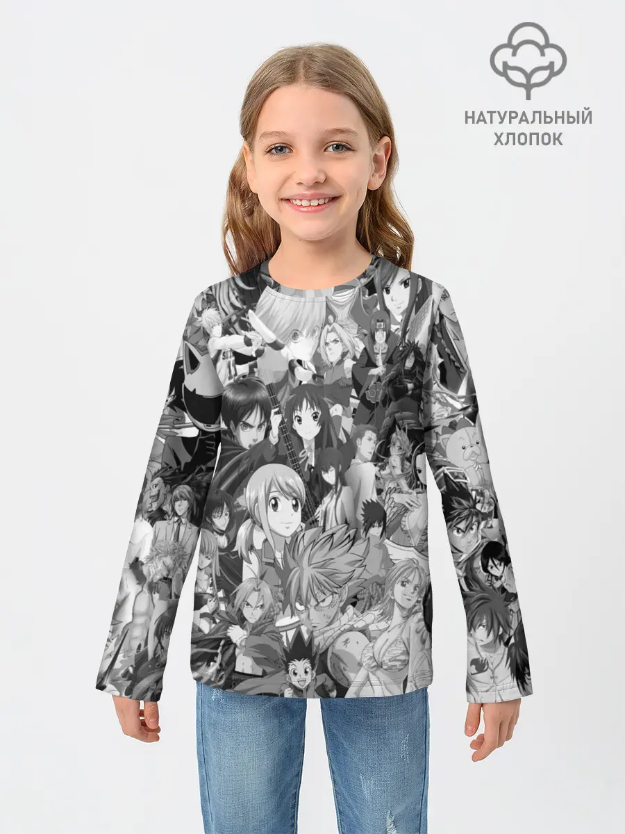 Детский лонгслив / МНОГО ЧЕРНО-БЕЛЫХ АНИМЕ ДЕВОЧЕК