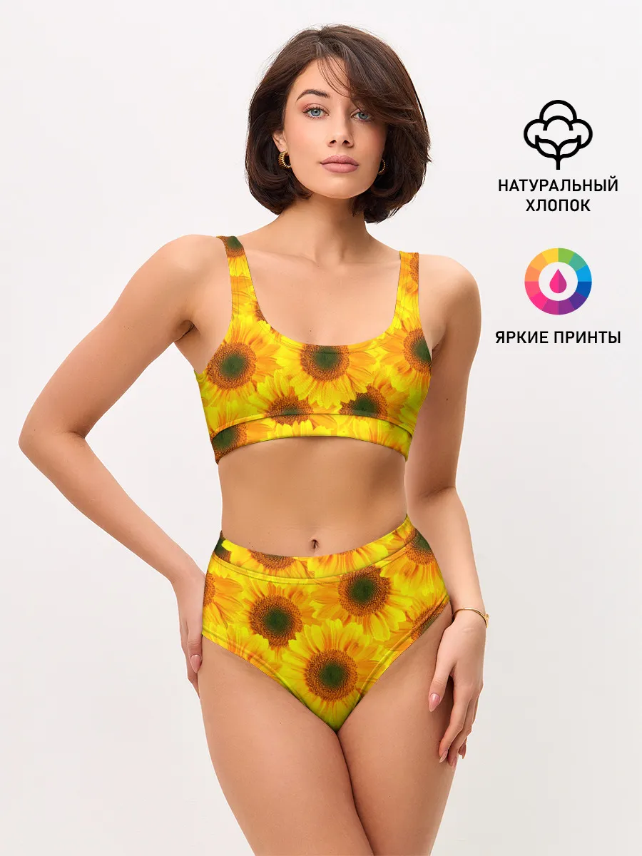 Женские топ и трусы / Принт подсолнухи желтый