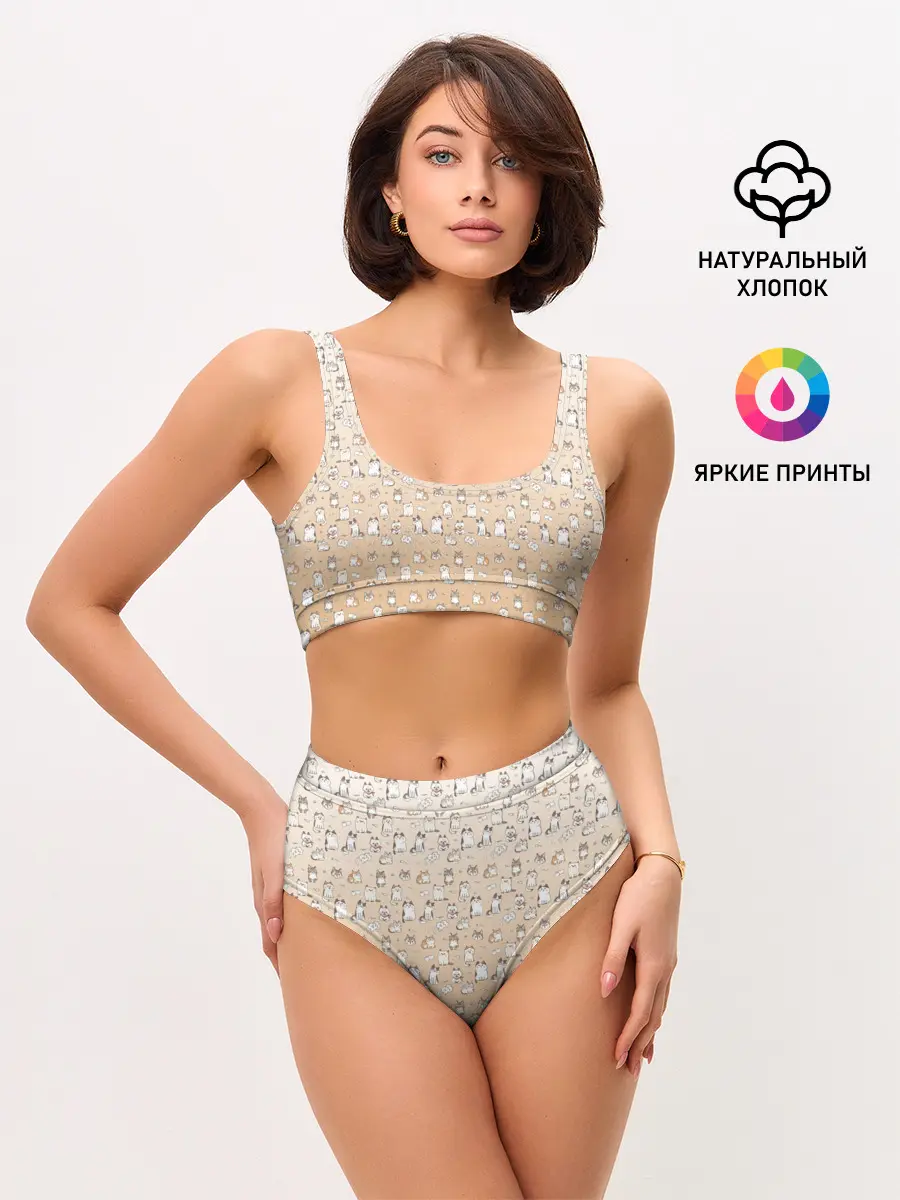 Женские топ и трусы / много котиков узор