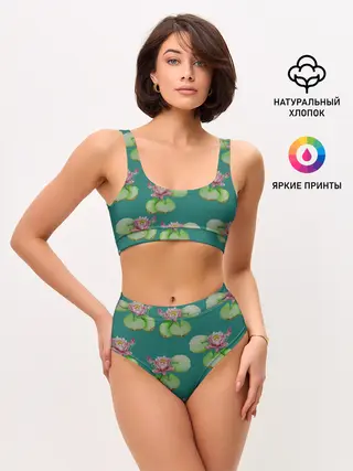 Женские топ и трусы / Лотосы на темно бирюзовом фоне