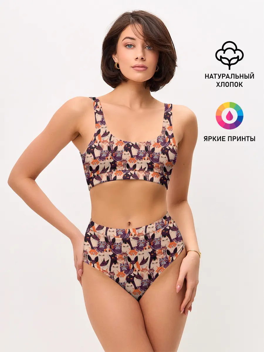 Женские топ и трусы / Мемные Коты Паттерн