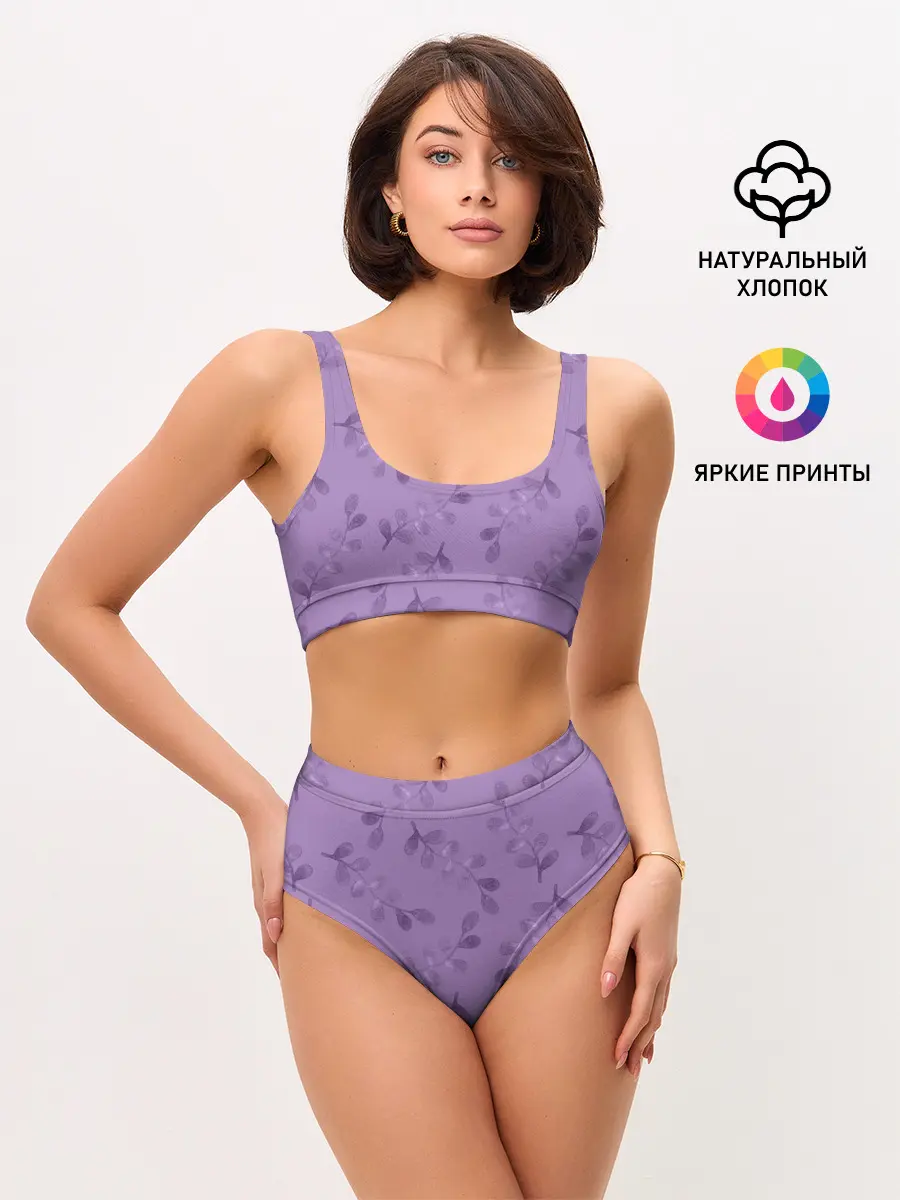Женские топ и трусы / Листья на фиолетовом фоне