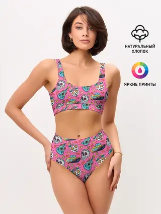 Женские топ и трусы / День Мёртвых узор из черепов