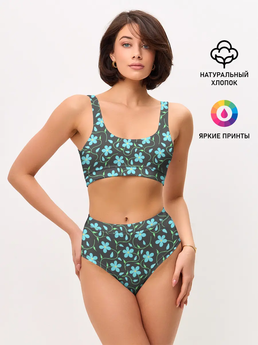 Женские топ и трусы / Цветочный узор на темном фоне