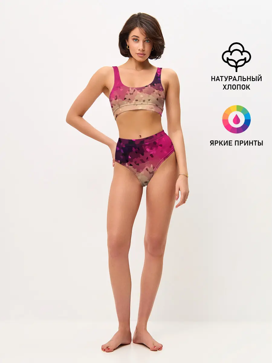 Женские топ и трусы / Бежево-малиновый абстрактный