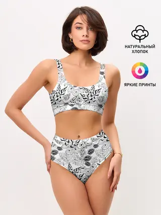 Женские топ и трусы / Черно-белый узор Тропики