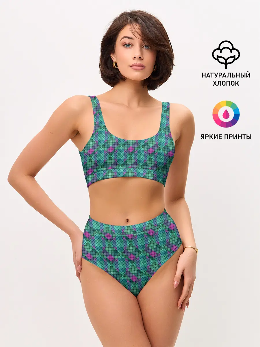 Женские топ и трусы / Бирюзовый клетчатый узор