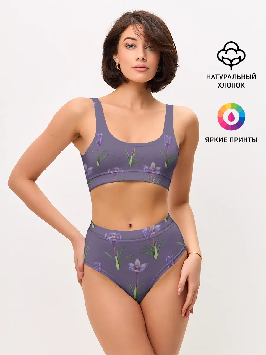 Женские топ и трусы / Цветы шафрана на фиолетовом