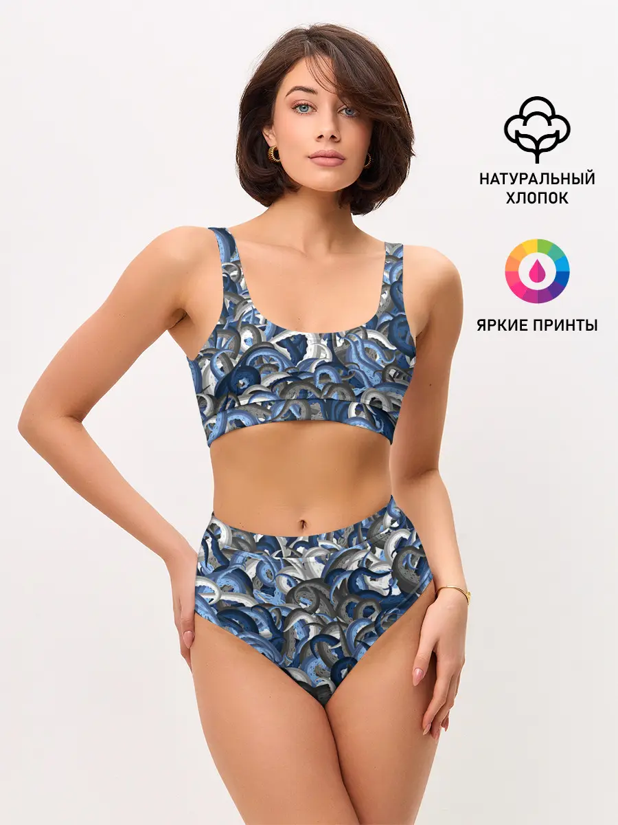 Женские топ и трусы / Синий камуфляж с щупальцами