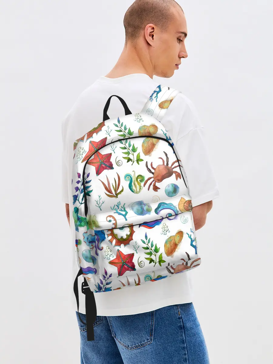 Рюкзак джинсовый / Морской паттерн с крабами и водорослями