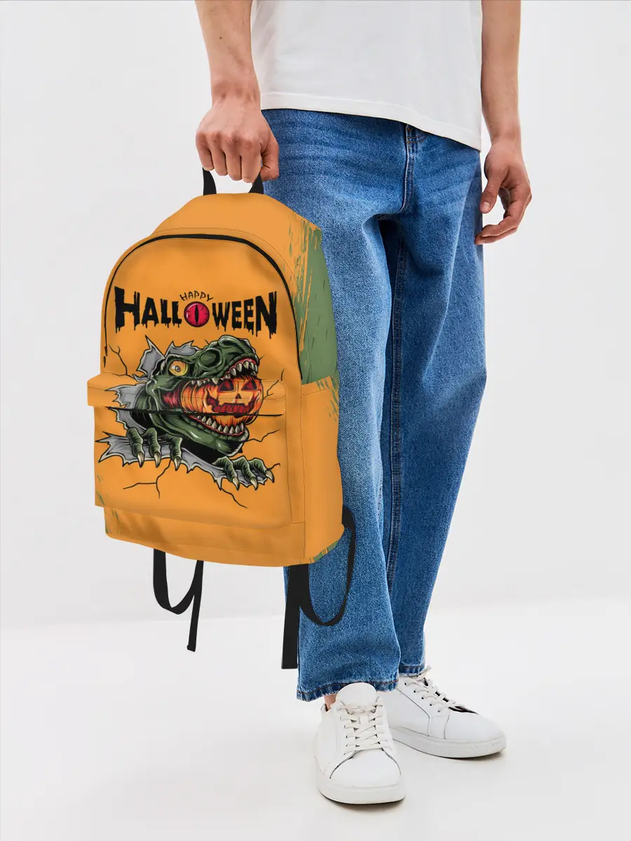 Рюкзак джинсовый / Т-Рекс с тыквой в пасте | Хэллоуин