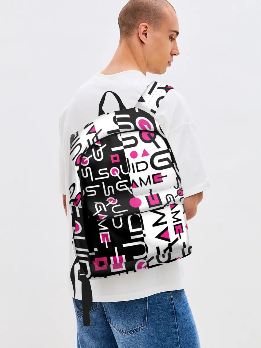 Рюкзак джинсовый / ИГРА В КАЛЬМАРА / ЧЁРНО БЕЛЫЙ ПАТТЕРН ЛОГО