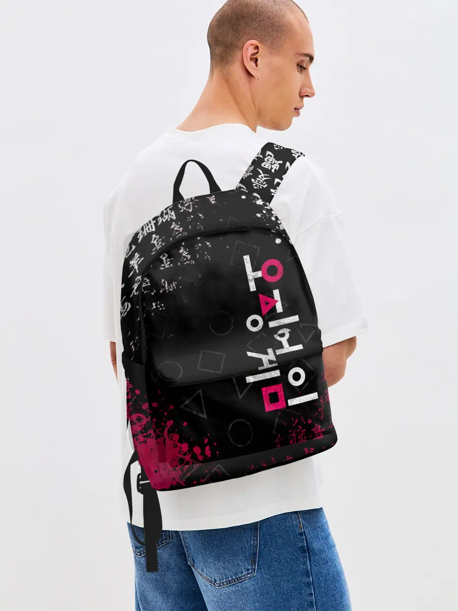 Рюкзак джинсовый / ИГРА В КАЛЬМАРА БРЫЗГИ КРАСОК / ИЕРОГЛИФЫ