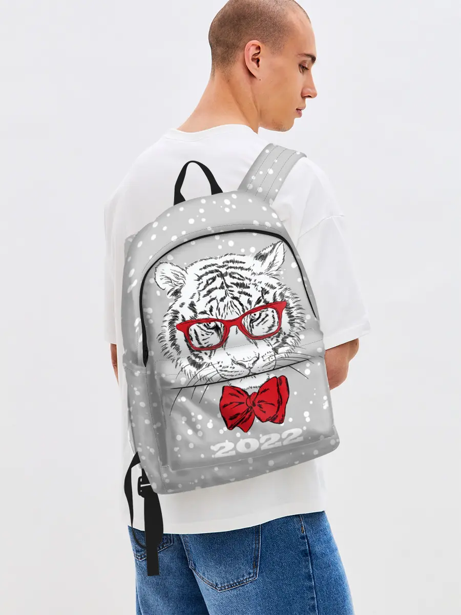 Рюкзак джинсовый / Белый тигр с красным бантом