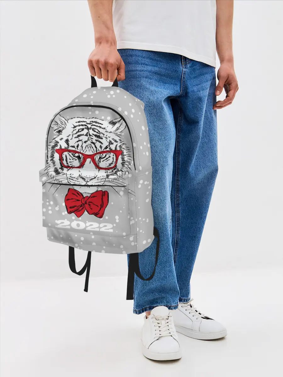 Рюкзак джинсовый / Белый тигр с красным бантом
