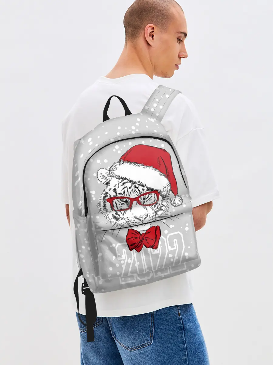 Рюкзак джинсовый / Белый тигр в шапке Санты