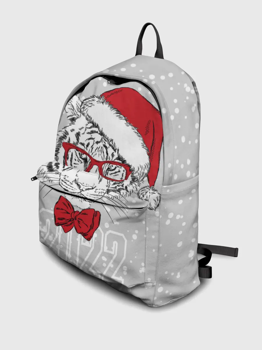 Рюкзак джинсовый / Белый тигр в шапке Санты