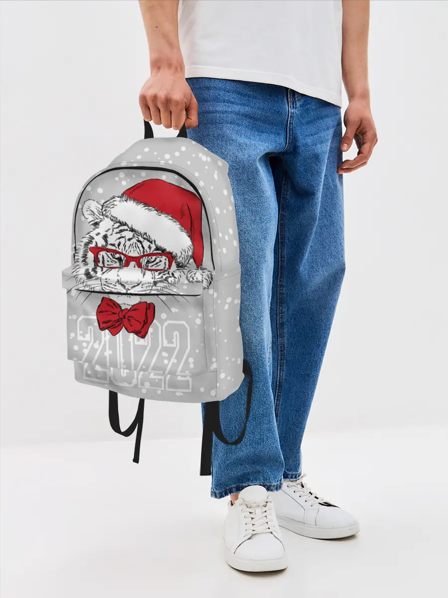 Рюкзак джинсовый / Белый тигр в шапке Санты