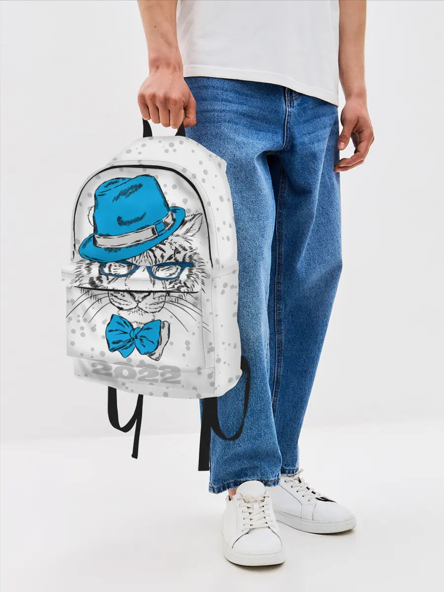 Рюкзак джинсовый / Белый тигр в синей шляпе