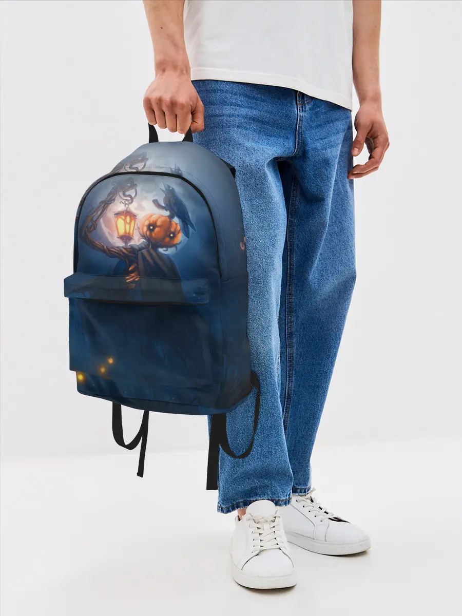 Рюкзак джинсовый / ТЫКВИННЫЙ МОНСТР В ТУМАНЕ / ХЕЛЛОУИН