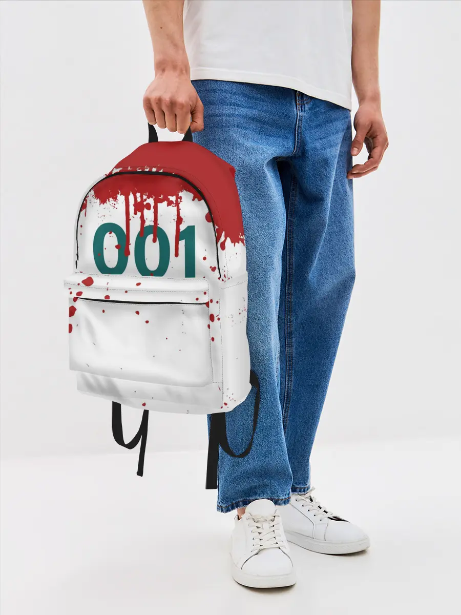 Рюкзак джинсовый / ИГРА В КАЛЬМАРА ПЕРСОНАЖ 001 КРОВЬ