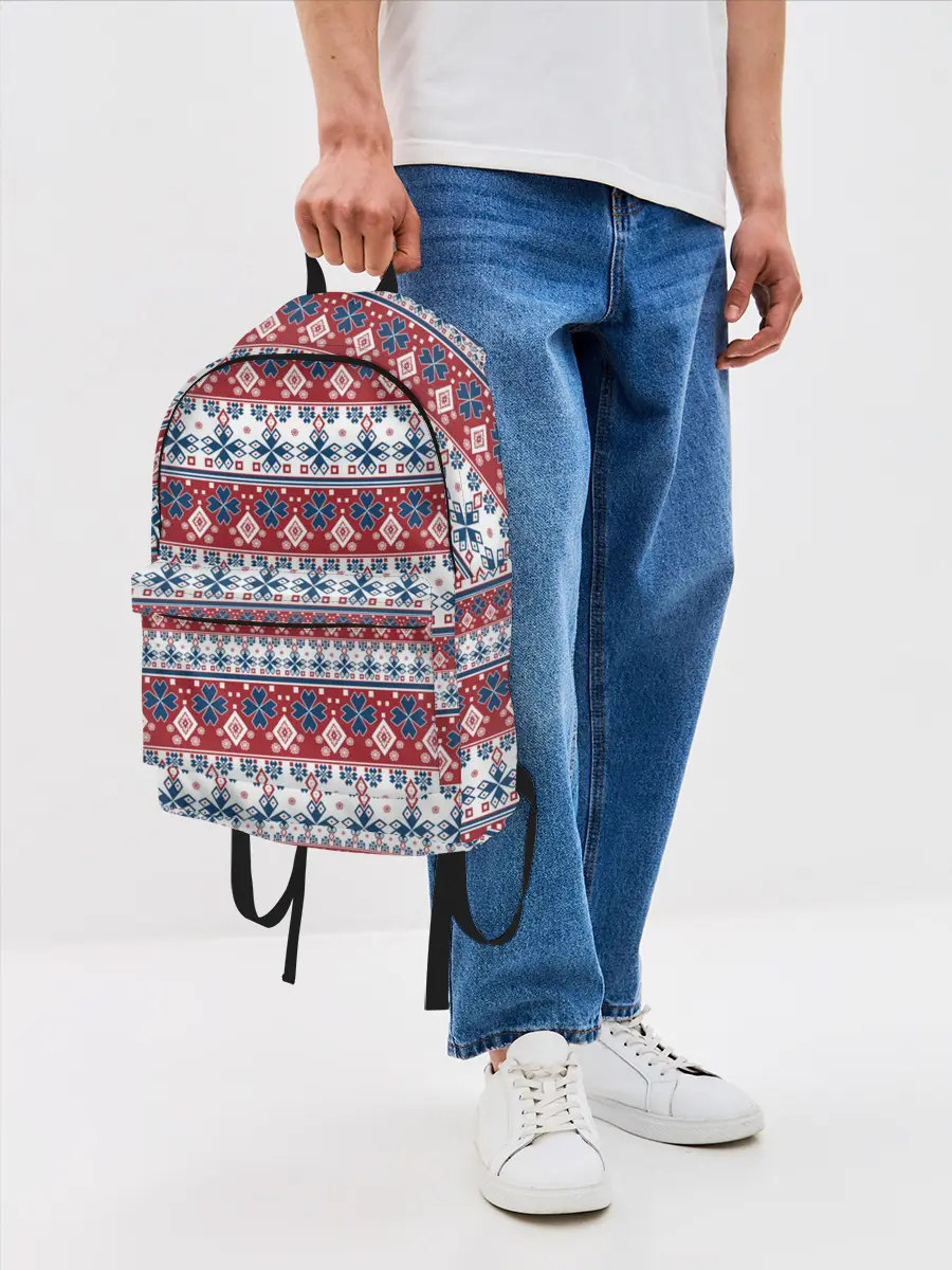 Рюкзак джинсовый / Этнический красно-синий узор