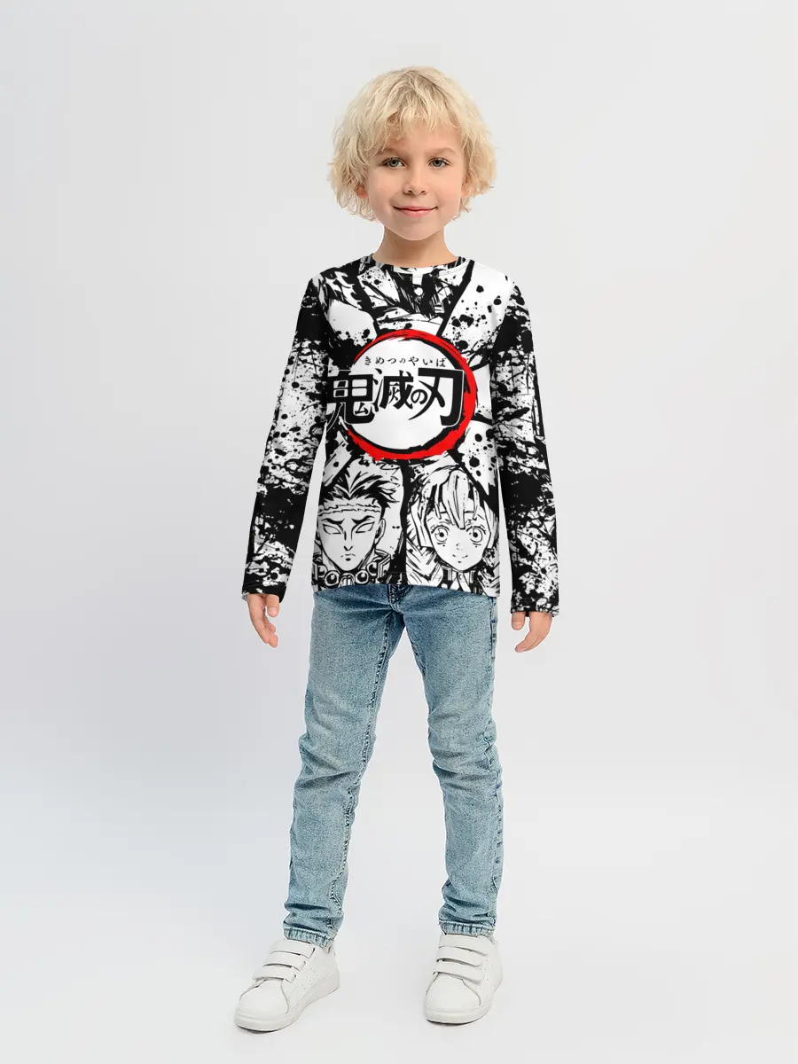 Детский лонгслив / Kimetsu no yaiba чернобелый коллаж