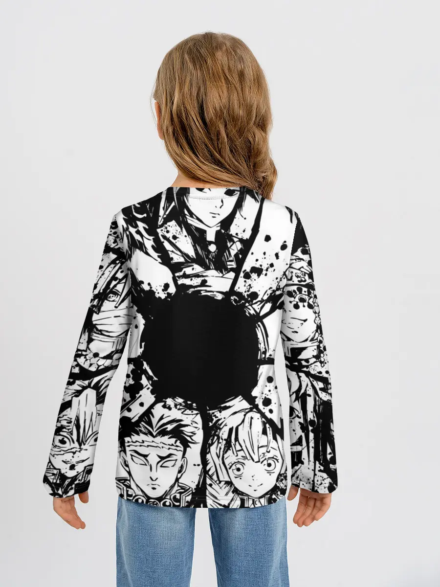 Детский лонгслив / Kimetsu no yaiba чернобелый коллаж
