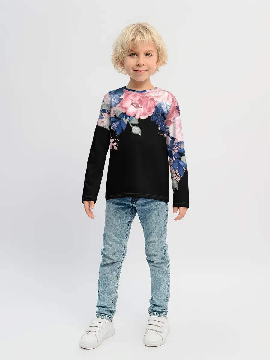 Детский лонгслив / цветы на черном