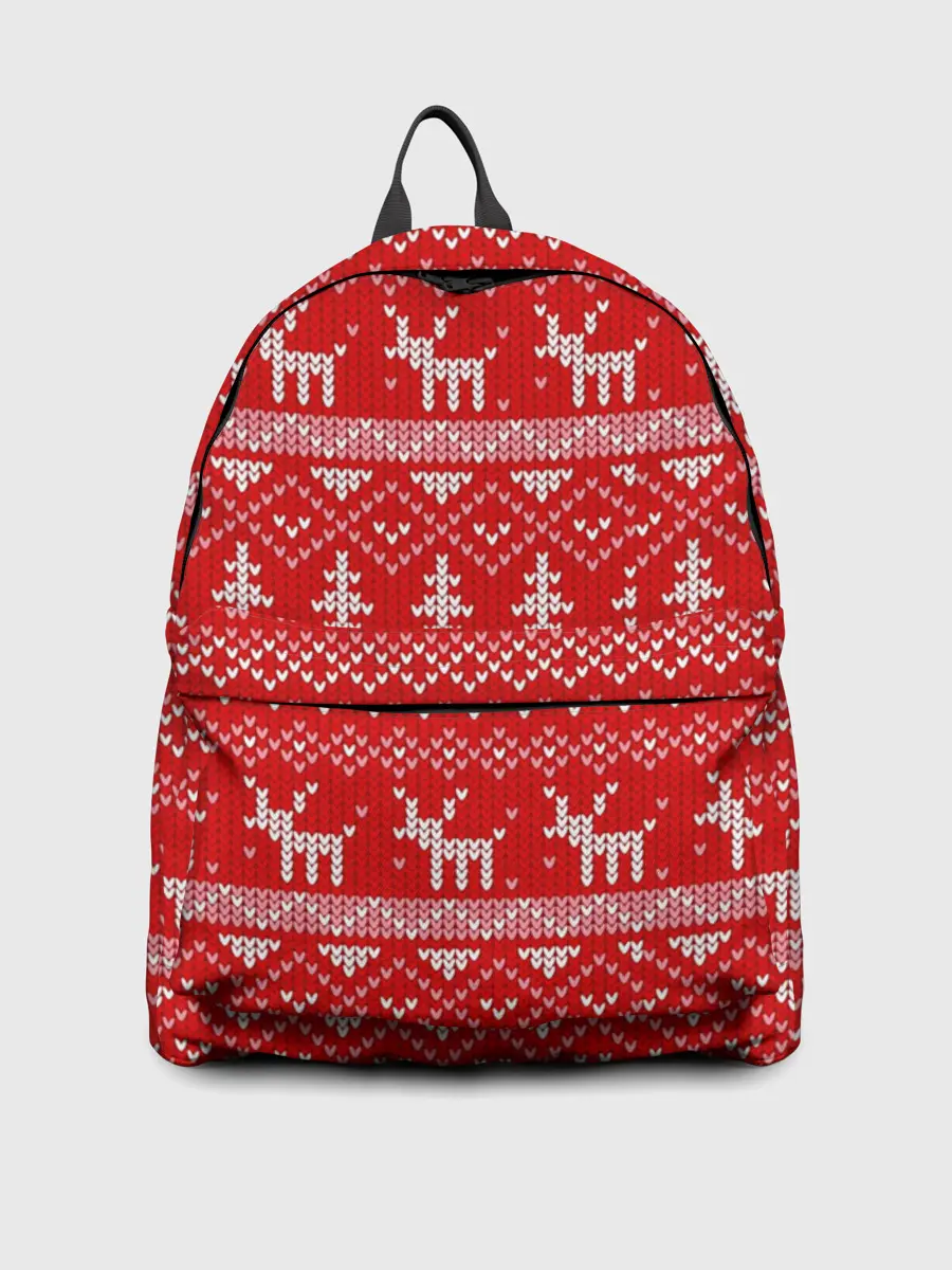 Рюкзак джинсовый / Новогодний узор с оленями и елкой