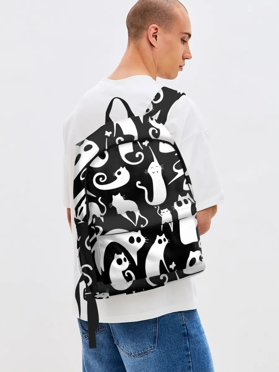 Рюкзак джинсовый / Белые коты на черном фоне
