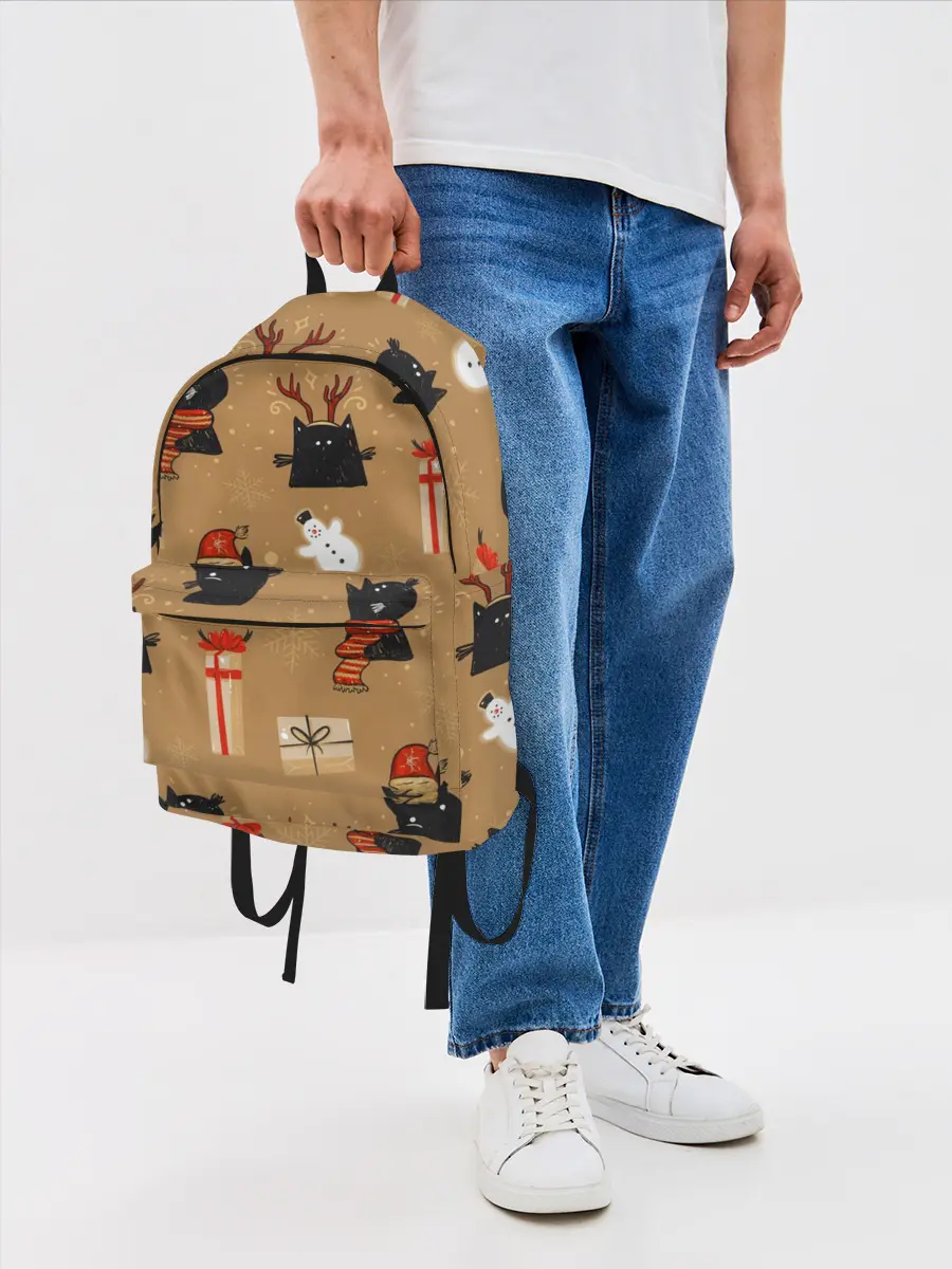 Рюкзак джинсовый / Черные новогодние коты