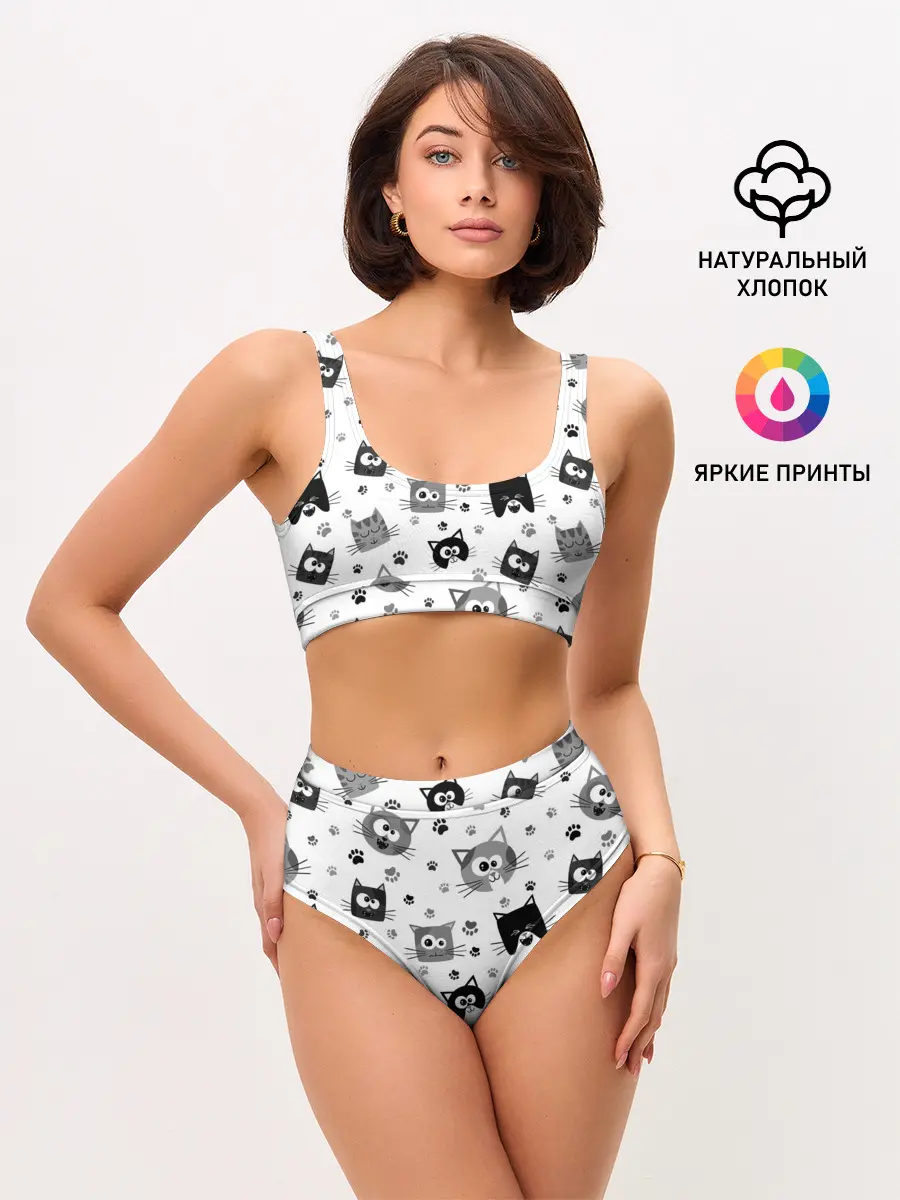 Женские топ и трусы / Котики | ЧБ