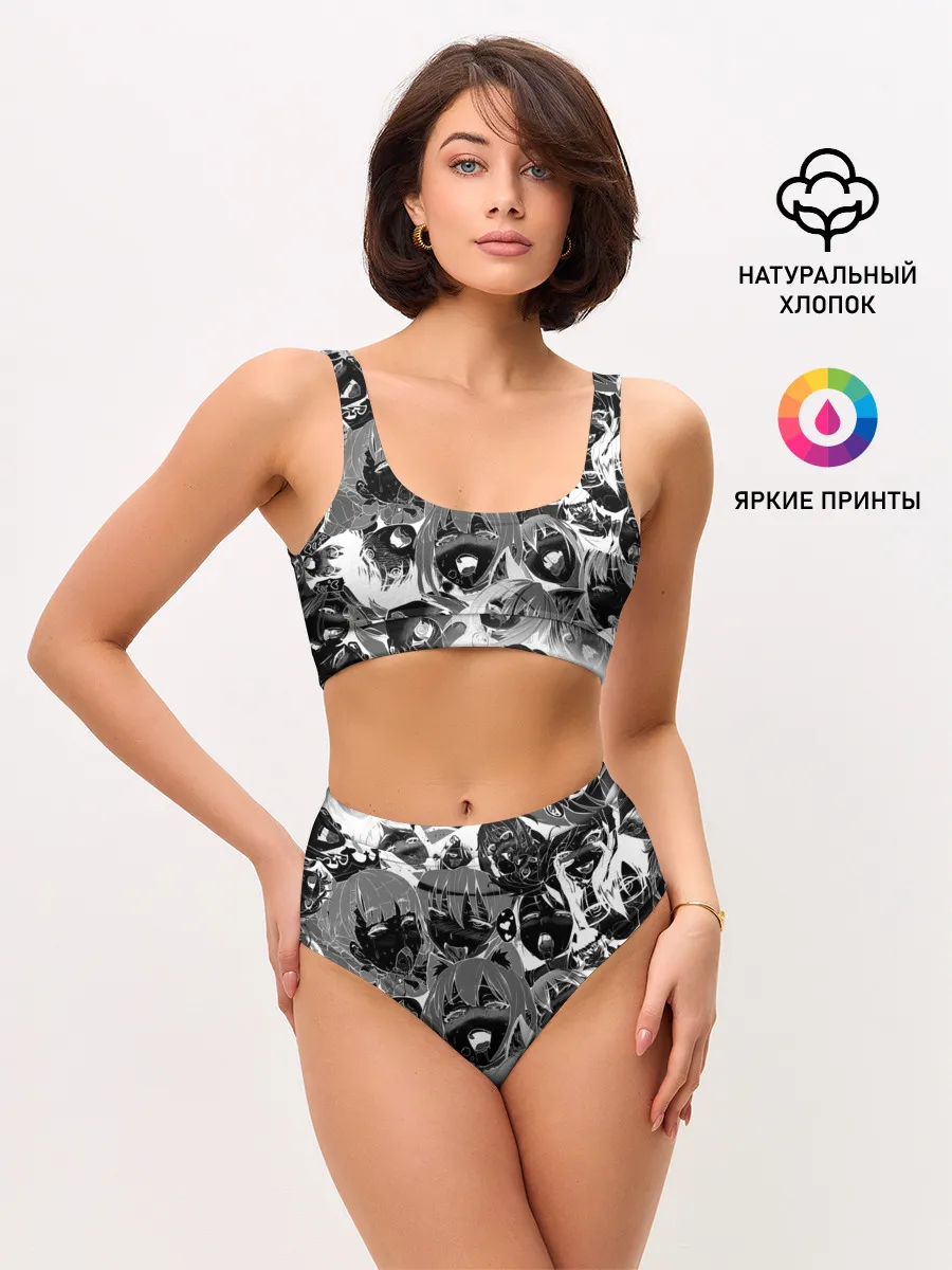 Женские топ и трусы / Ахегао паттерн черный
