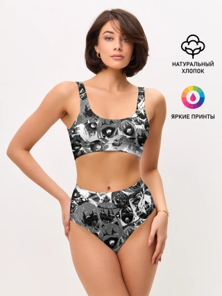 Женские топ и трусы / Ахегао паттерн черный