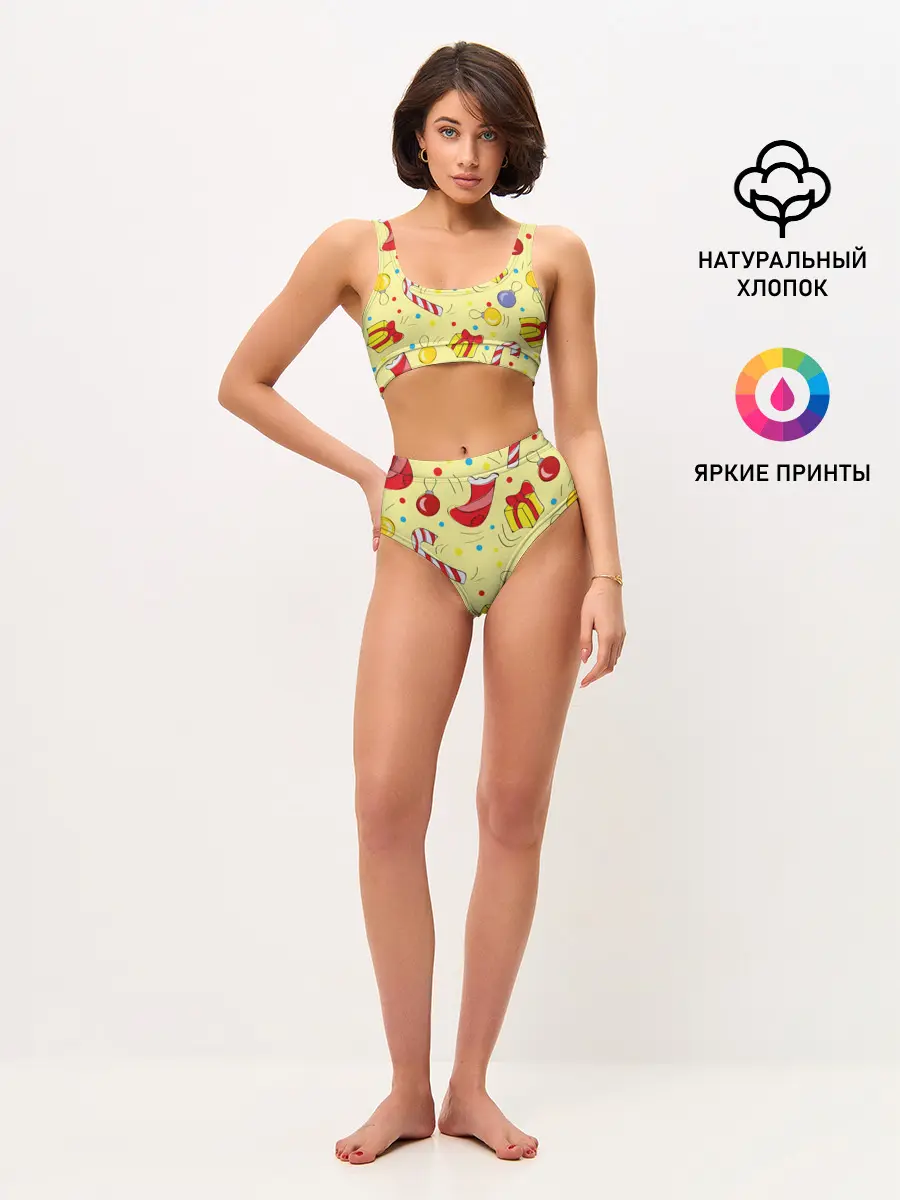 Женские топ и трусы / Новогодний узор на желтом фоне