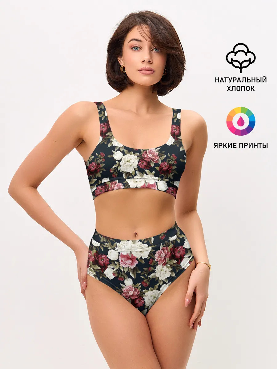 Женские топ и трусы / Акварель, розы