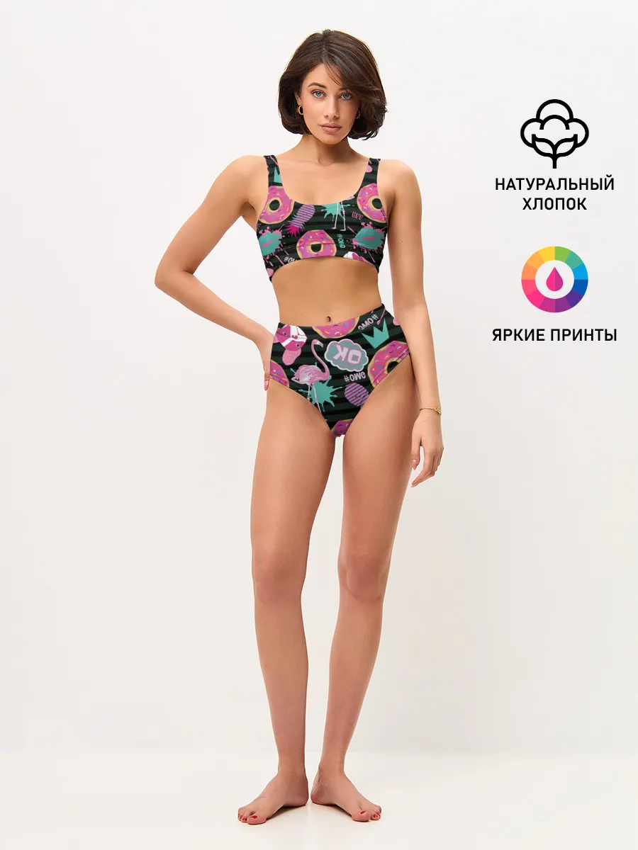 Женские топ и трусы / Пончики, мопсы и фламинго.