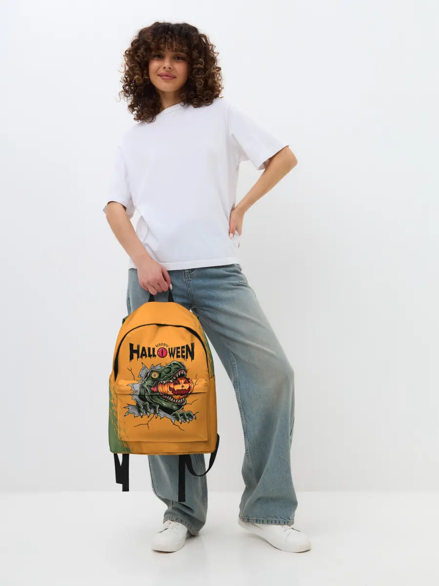 Рюкзак джинсовый / Т-Рекс с тыквой в пасте | Хэллоуин
