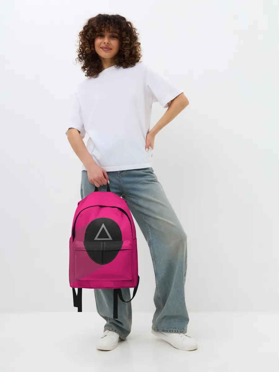 Рюкзак джинсовый / ИГРА В КАЛЬМАРА МАСКА ТРЕУГОЛЬНИК С ТЕНЬЮ