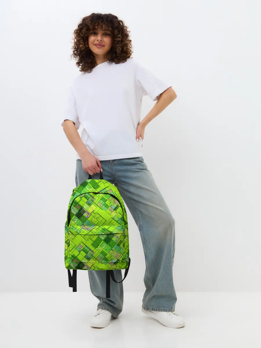Рюкзак джинсовый / Ярко-зеленый абстрактный узор