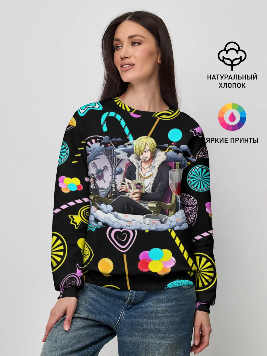 Женский свитшот / Винсмок Санджи. Фон со сладостями